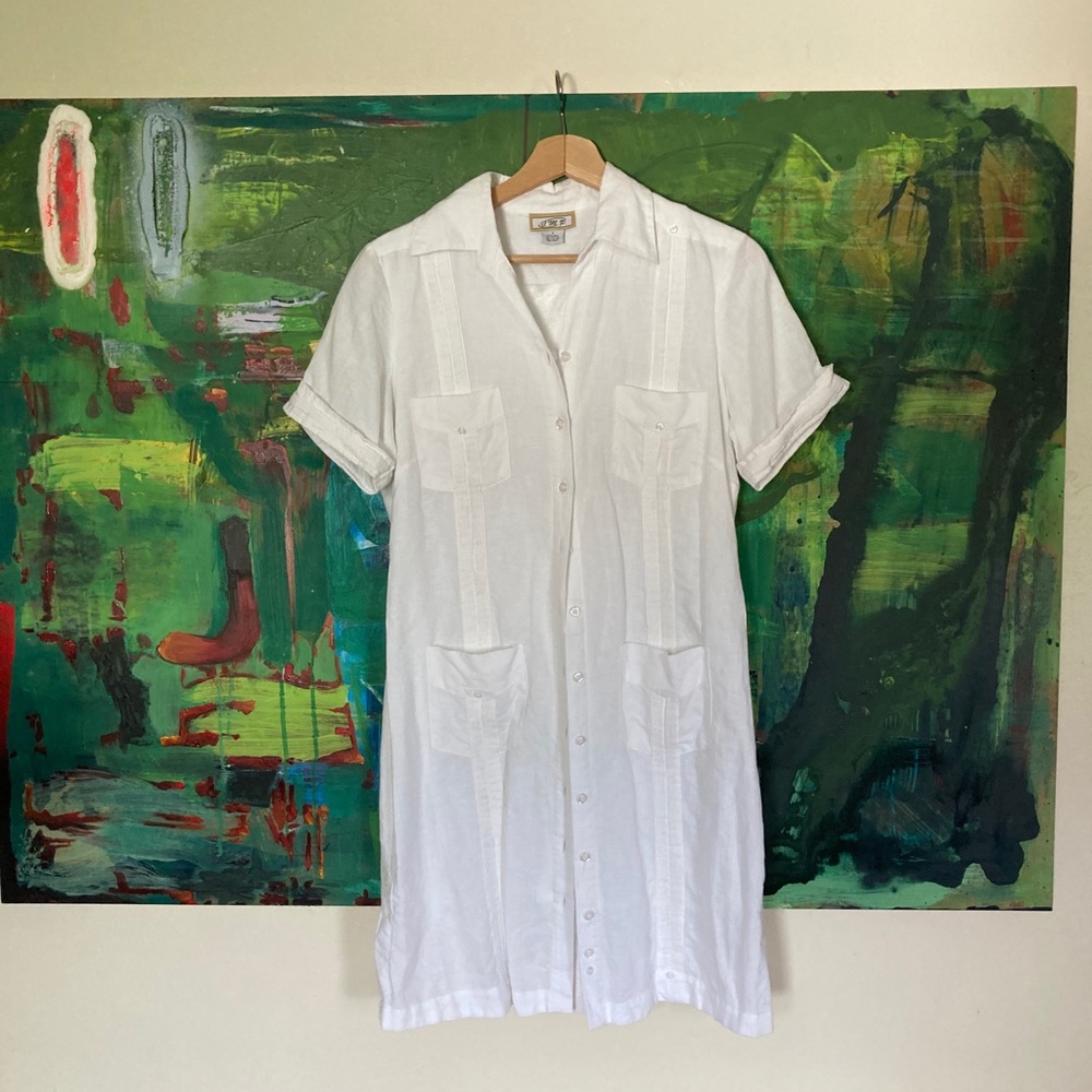 White guayabera resort dress, Dominican Republic